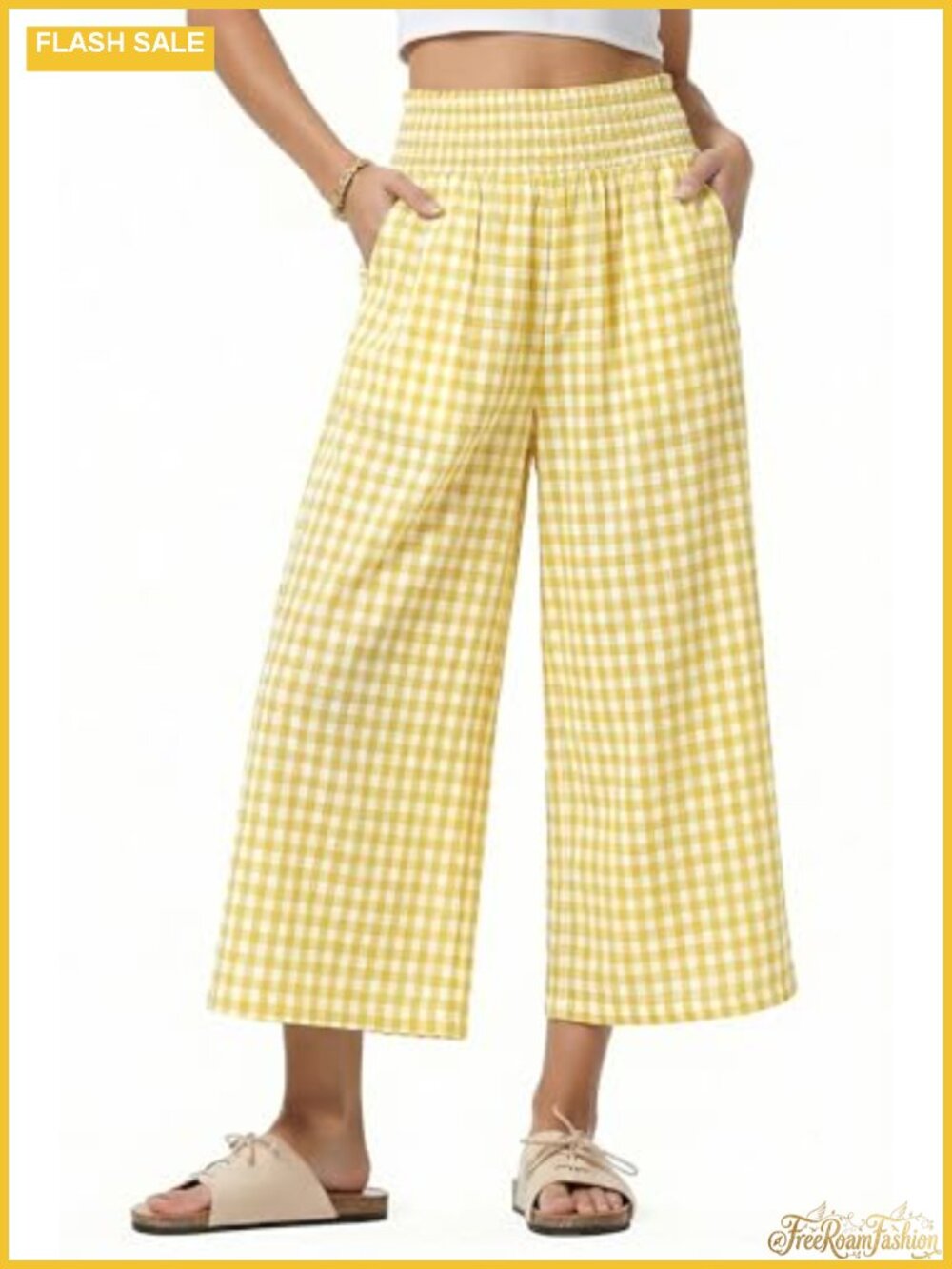 Gingham Plaid Capri Pants Polyester Cotton Casual Trousers